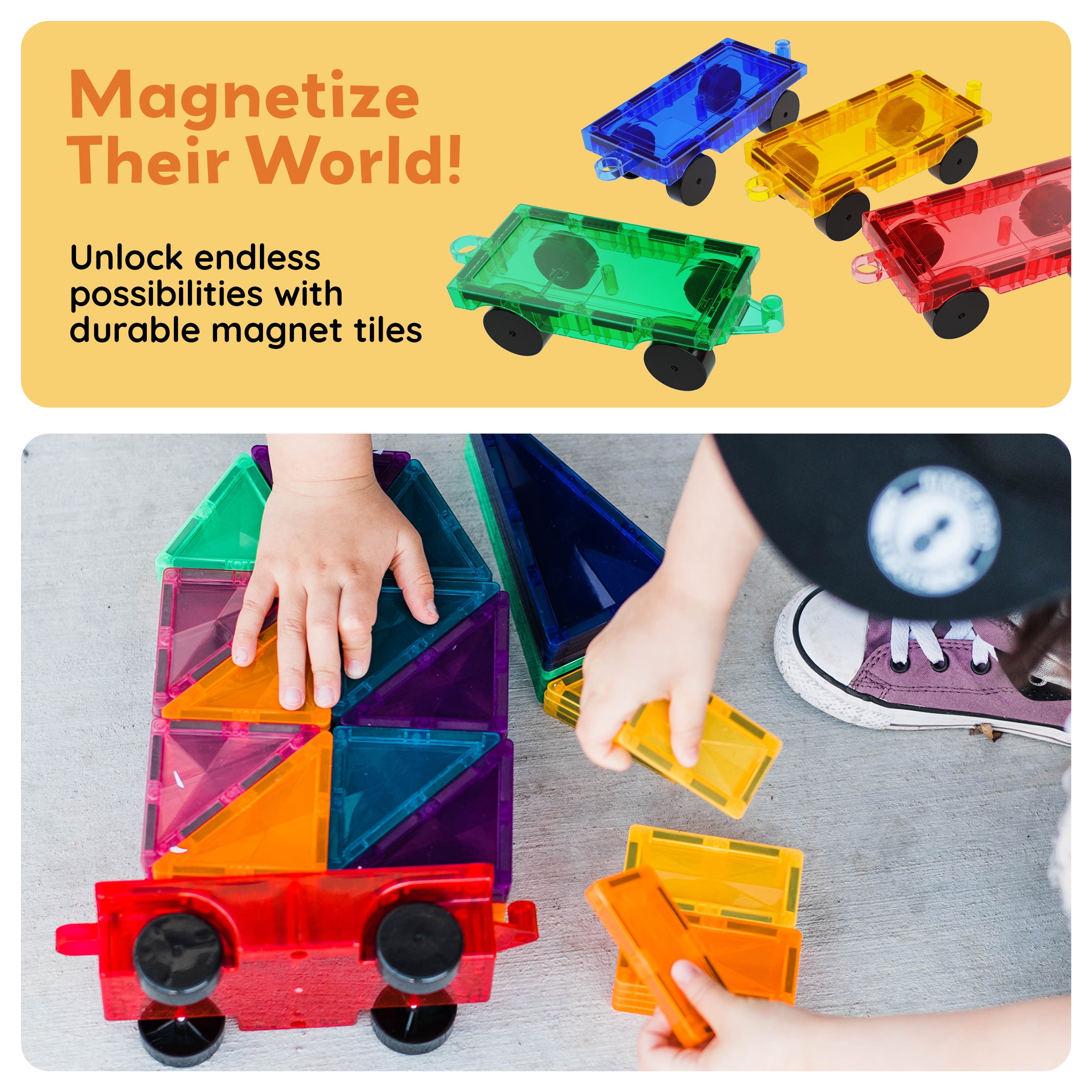 PicassoTiles 4PC Magnetic Tiles Car Truck Base Construction Building Toy , Educational STEM Building Kits for Kids