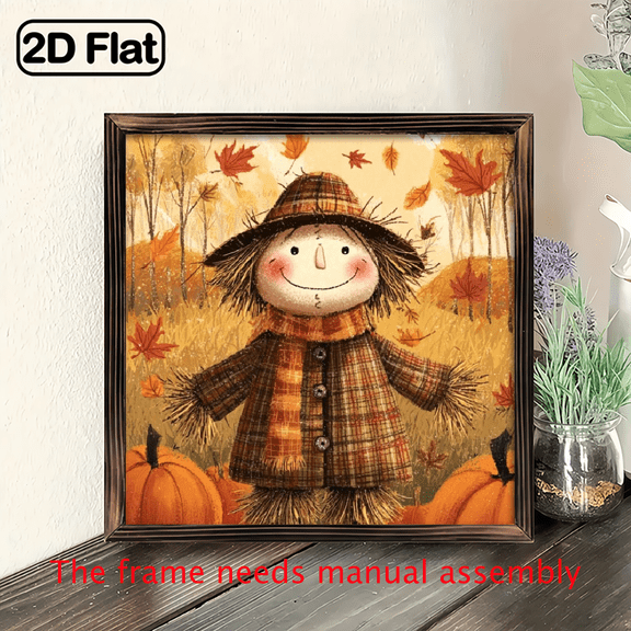 2D Flat, 1pc Rustic Autumn Scarecrow Pumpkins Wooden Wall Art Sign - 8x8 Inch Handcrafted Farmhouse Fall Decor, Thanksgiving Halloween Decoration with Seasonal Motifs, Versatile Home Tabletop Deco