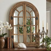 TEWLOSS Farmhouse Arched Wall Mirrors 36x24 Window Mirror Decor Wood Frame for Bathroom Bedroom, Natural