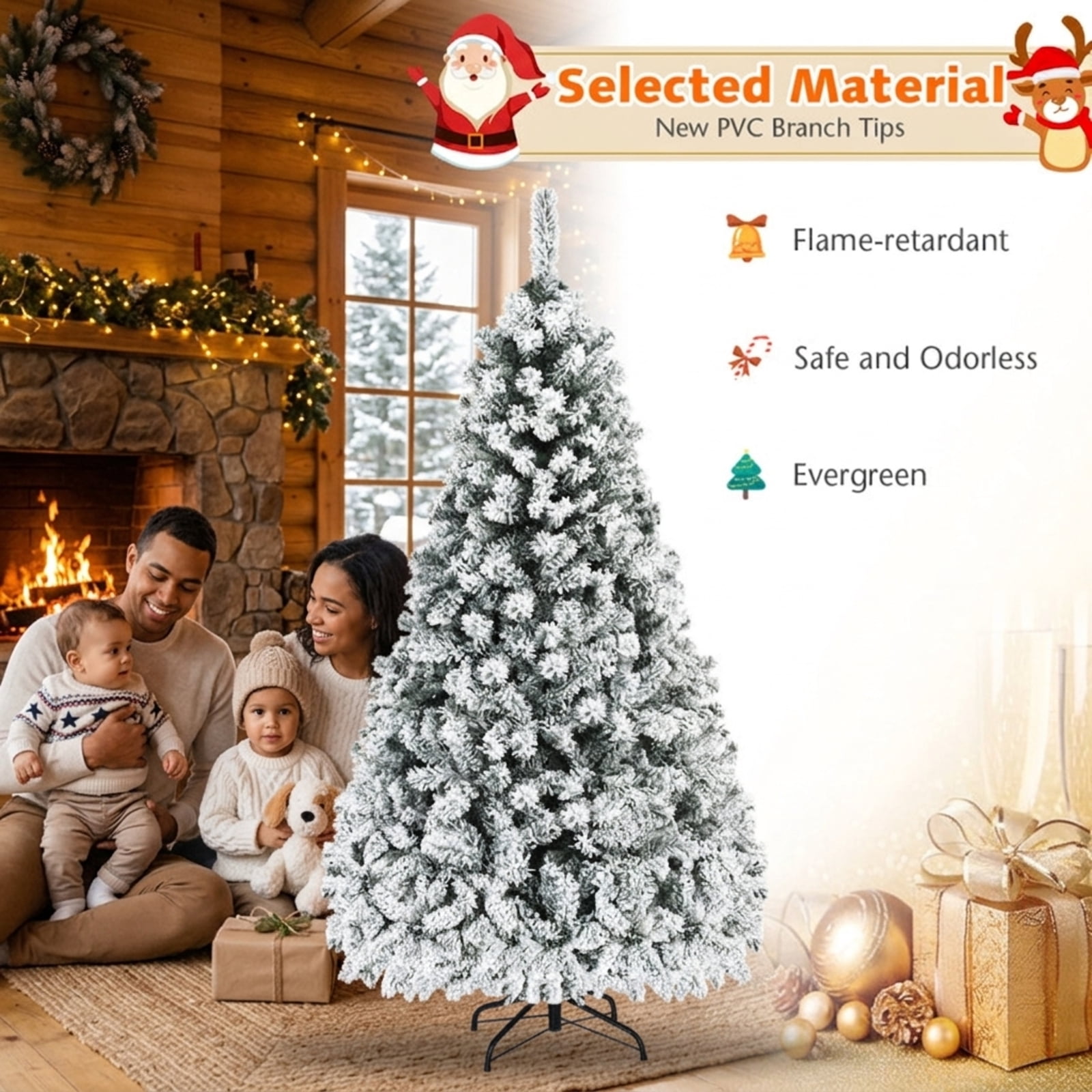 RUIE, 6 ft, Artificial Christmas Tree, with 250 LED Lights, 600 Branch Tips, Snow Flocked Holiday Xmas Tree for Indoor Home Office Decoration