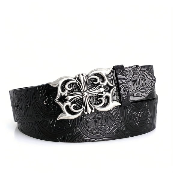 Vintage Floral Embossed Leather Belt, Cross Engraved Pin Buckle Waist Belt for Men, Multiple Colors Available