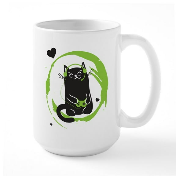 CafePress - Gamer Cat Mugs - 15 oz Ceramic Large White Novelty Mug