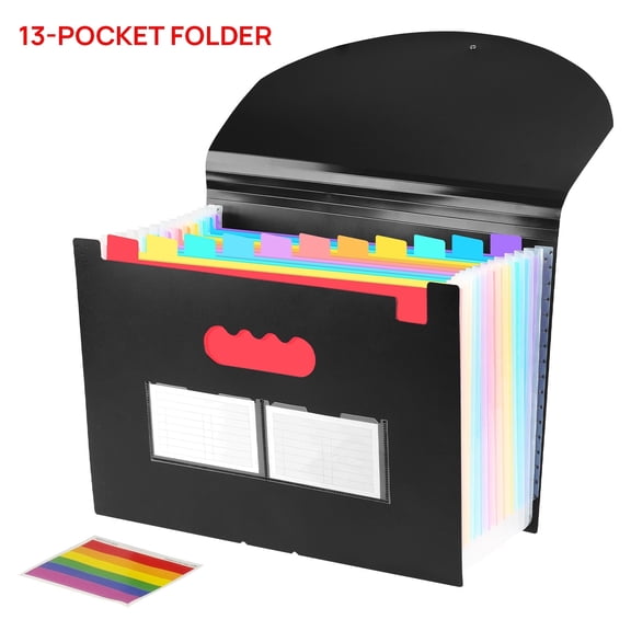13- Pocket Expanding File Folders for Paper Receipts, Bills&Taxes Organizer, Letter/A4 Size Document Holder for School, Office, Home with Colorful tabs- Black
