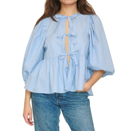 SKSloeg Y2k Women Puff Short Sleeve Shirts Front Tie Ruffle Hem Babydoll Peplum Blouse Cute Basic Lace Up Crop Tops Sky Blue L