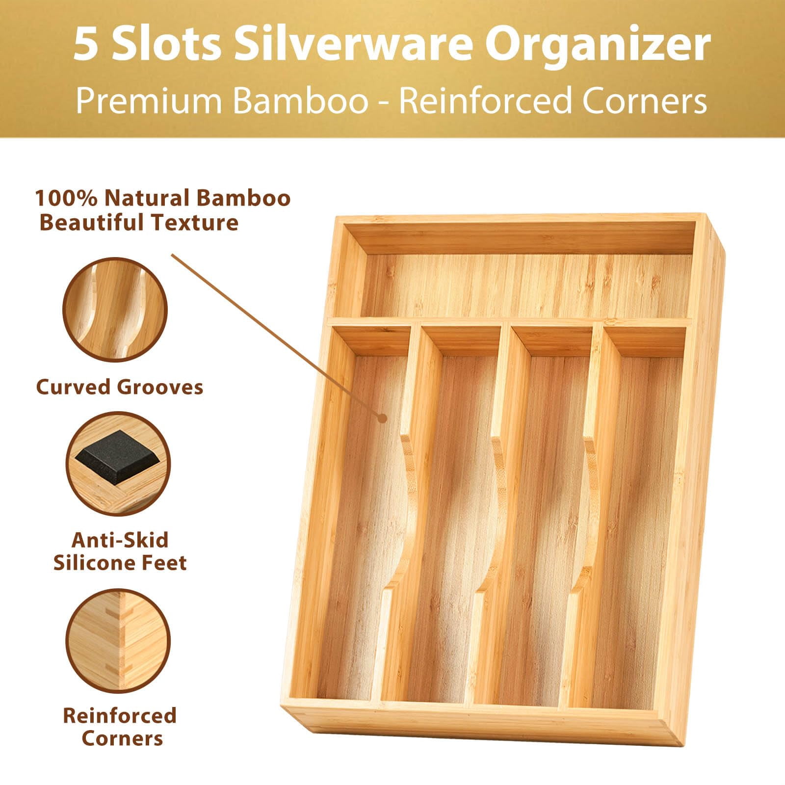 Bamboo Kitchen Drawer Insert, 9 Inch Utensil Organizer for Silverware, Wooden Tray with Reinforced Frame, Ideal for Compact Spaces, Orange
