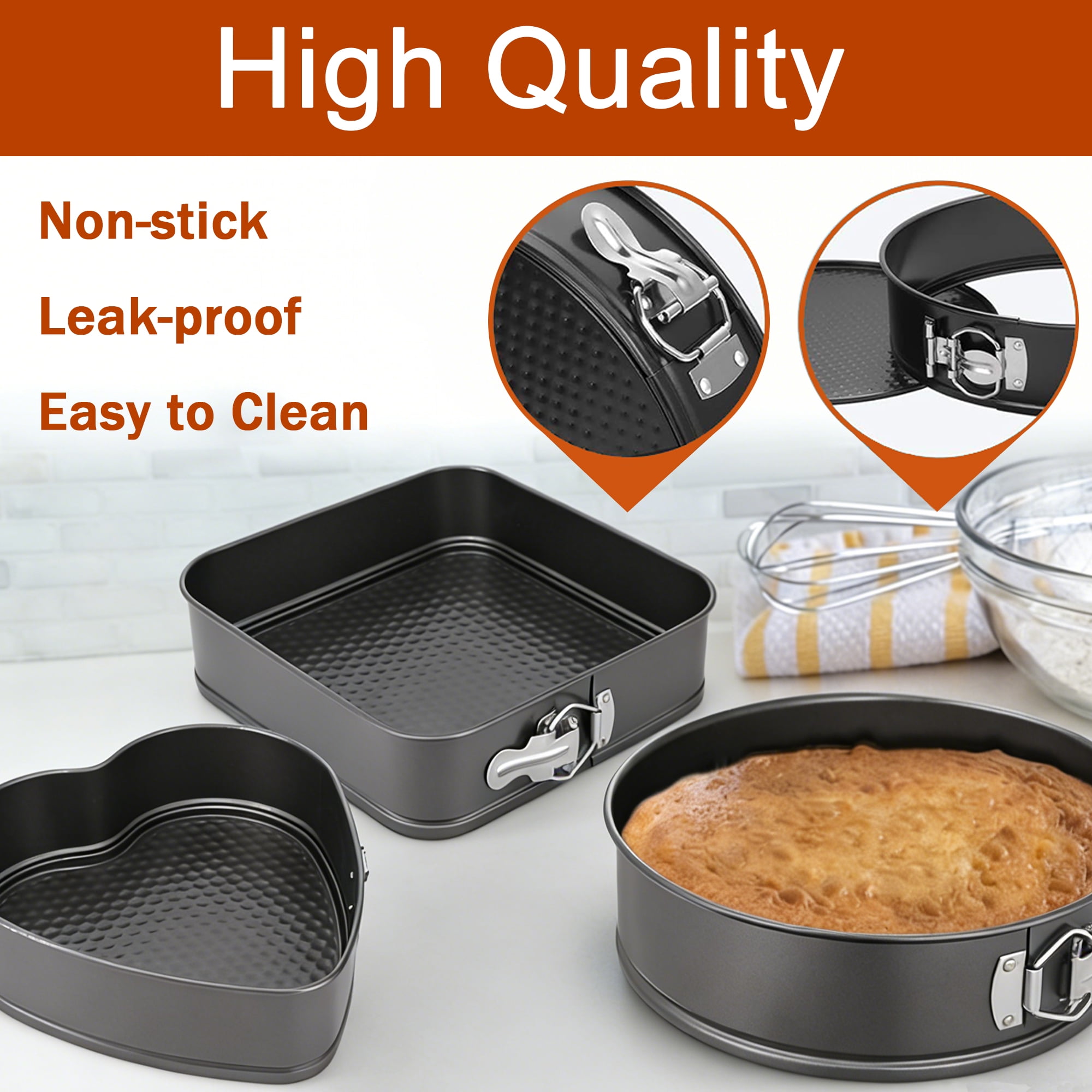 Cake Pan 7", 8", 9", Heart Shape Round Square Cake Pan, Nonstick Carbon Steel Pan, Leak-Proof with Removable Bottom, Round Cake Pans Set of 3 pcs