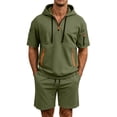 thumbnail image 2 of Men's Tracksuit 2 Piece Quarter Zipper Hooded Sweatshirt Multi Zipper Pocket Athletic Sweatsuit Short Sleeve Casual Sports Hoodie Shorts Set Sweatsuit Size 3XL Army Green, 2 of 5