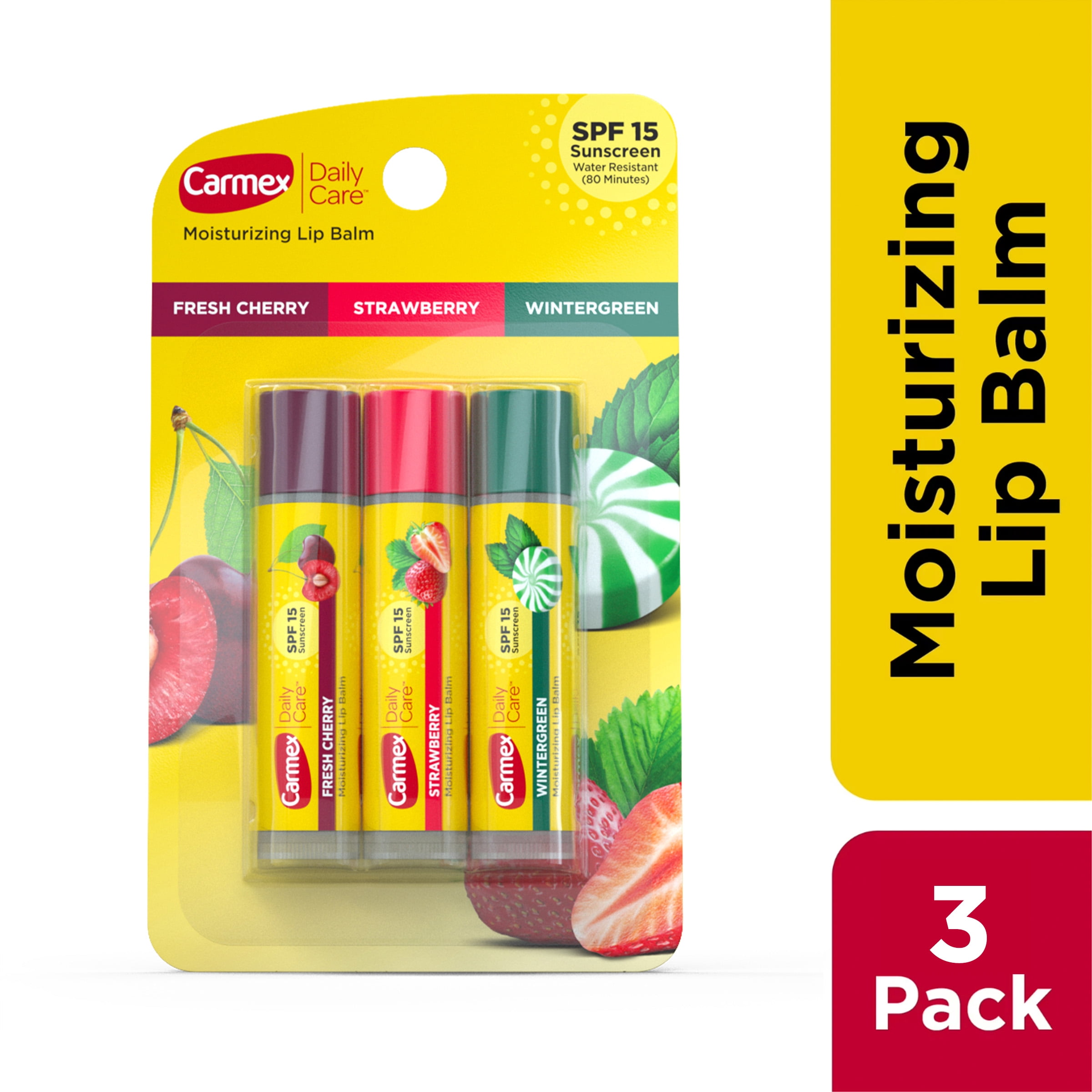 (4 pack) Carmex Daily Care Moisturizing Lip Balm Sticks, SPF 15, Multi-Flavor Lip Balm, 3 Count (1 Pack of 3)