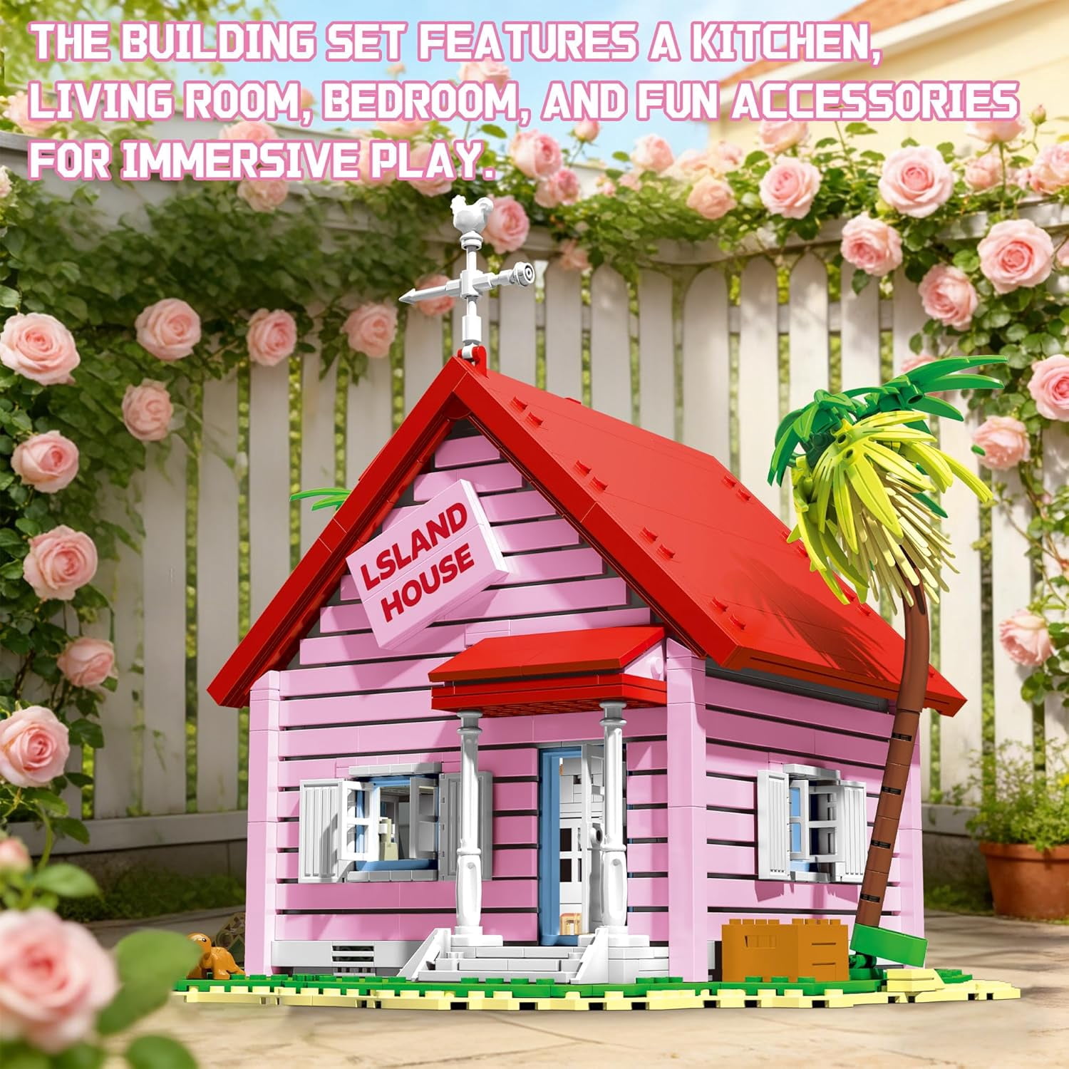 Pink Island House Building Set, Seaside Villa Cabin Compatible with Lego Collection Model Kit 1434PCS