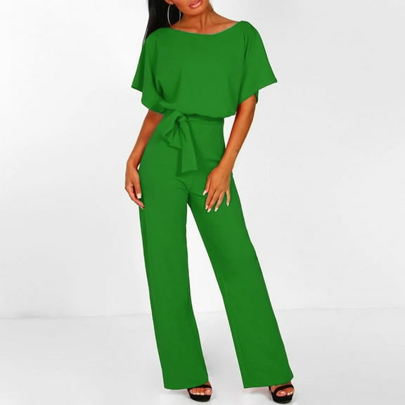 Aayomet Womens Jumpsuits Solid Color Lace Up Button Short Sleeved Jumpsuit (Green, XXL)