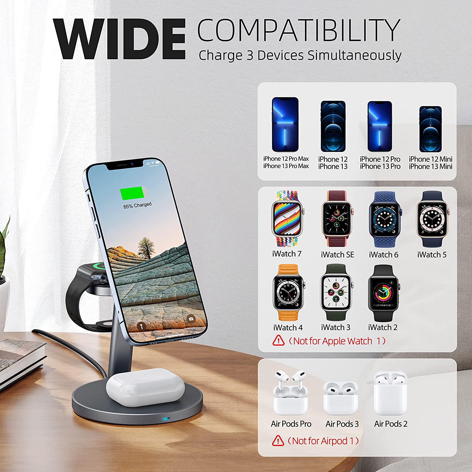 3 in 1 Magnetic Wireless Charging Station, 2022 Upgraded Aluminum Alloy  Fast Charging for Mag-Safe Charger Stand Compatible with Apple Watch, AirPods  3/Pro/2 and iPhone 13, 12, Pro, Pro Max, Mini - Walmart.com