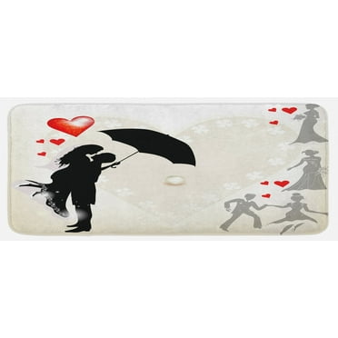 Wedding Kitchen Mat, Couple in Love Umbrella Red Hearts Daisies Romance in the Air Celebration, Plush Decorative Kitchen Mat with Non Slip Backing, 47" X 19", Black White Red, by Ambesonne