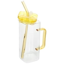 Square Glass Drinking Cup with Handle, Lid and Straw - 300ml Iced Coffee Cup for , Juice, Tea, Beer