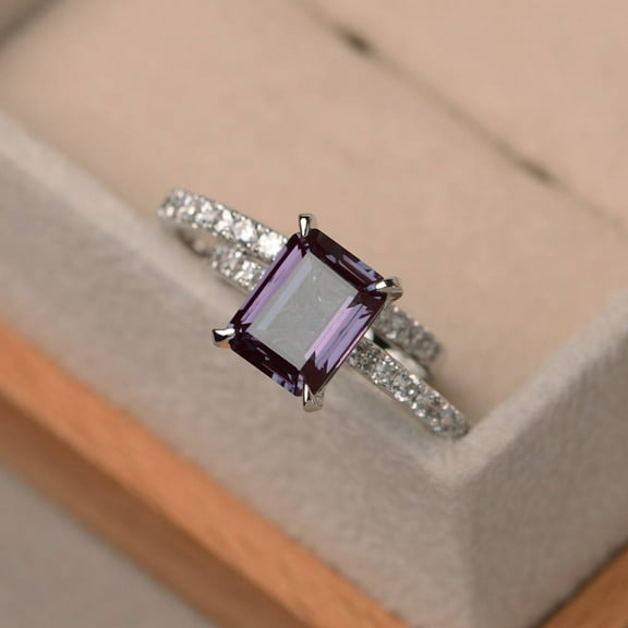 Alexandrite bridal set rings, emerald cut, color changing ,June birthstone,engagement ring