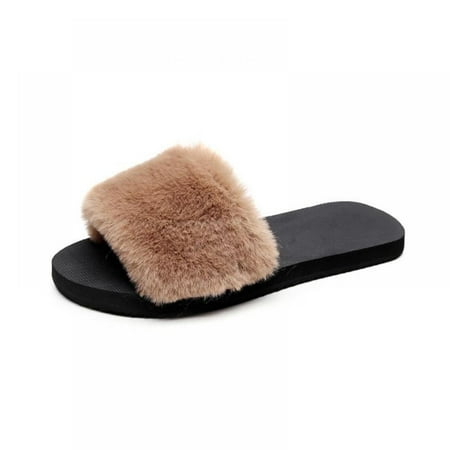 

Women s Faux Fur Slippers Fuzzy Flat Spa Fluffy Open Toe House Shoes Anti-Slip