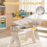 Funjoypals 4 IN 1 Foldable Drawing Board & Block Table with Chair for Kids Age 3-12