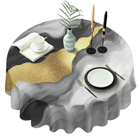 Black and Gold Marble Glitter Streaks Pattern Round Tablecloth 60"x60",Wrinkle Wipeable Table Cloth for Kitchen Dining Room Picnic Patio Party