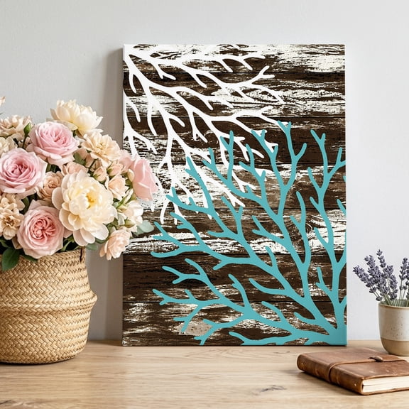 Coral Branch Canvas Wall Art for Living Room, Rustic Coastal Teal White Sea Plant Brown Wood Grain Poster Print Painting for Sofa Area Villa Lobby Decoration Wall Pictures Prepare To Hang 24"x36"