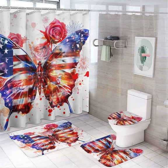 Butterfly Patriotic 4 Pcs Shower Curtain Set Bathroom Decor Set with Non-Slip Rugs Toilet Lid Cover And Bath Mat Patriotic Memorial Day Waterproof Durable Bathroom Decor Shower for Bathroom Decor