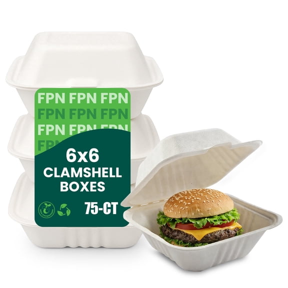 FPN Compostable Paper Clamshell Takeout Boxes 6X6, 75CT Eco-Friendly Paper To-Go Container Microwave Safe Lunch Boxes for Restaurants Catering Meals