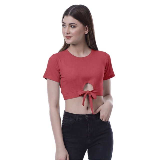 Moomaya Haut Court Noué devant pour Femmes Manches Courtes Col Rond Tee-Shirt Noué