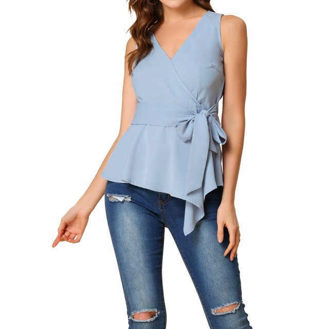 INSPIRE CHIC Hauts d'Été Sans Manches à Encolure en V Portefeuille à Taille Nouée pour Femmes