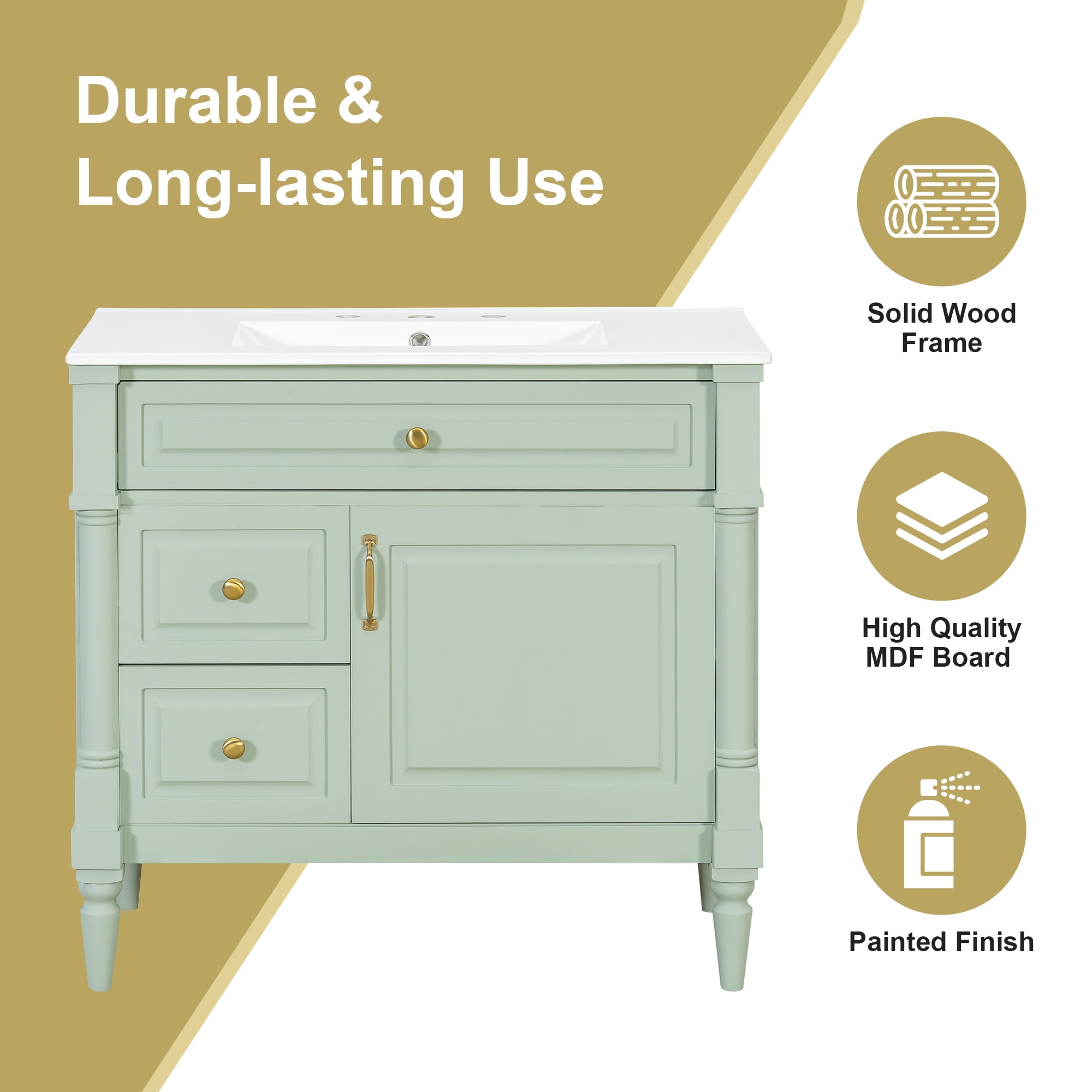 Alvantor 36" Bathroom Vanity with Ceramic Sink, Freestanding Storage Cabinet with Flip Drawers Green