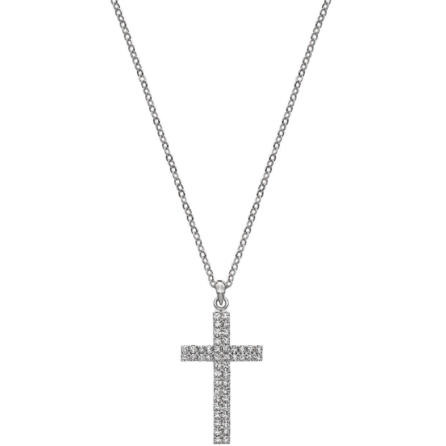 18K WHITE GOLD  PLATED CROSS NECKLACE WITH RED & CLEAR CZ & AUSTRIAN CRYSTALS 