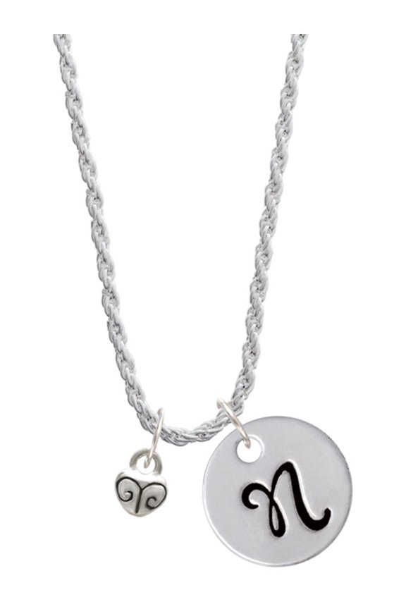 Silvertone Mini Scroll Heart Silvertone Script Initial Disc - N - Charm Necklace, 20"+3"