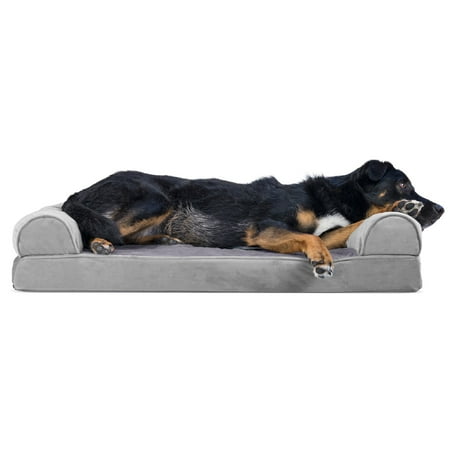 UPC: 0842229106701 | FurHaven Pet Products Faux Fur & Velvet Memory Top Sofa-Style Pet Bed for Dogs & Cats – Smoke Gray Large