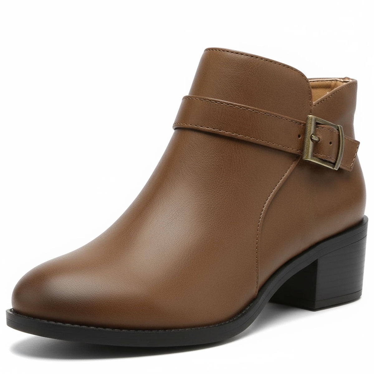 靴 CLANE EGDE ROUND SHORT BOOTS Ecetana Women's Chunky Low Heel Ankle Boots Round Toe Leather