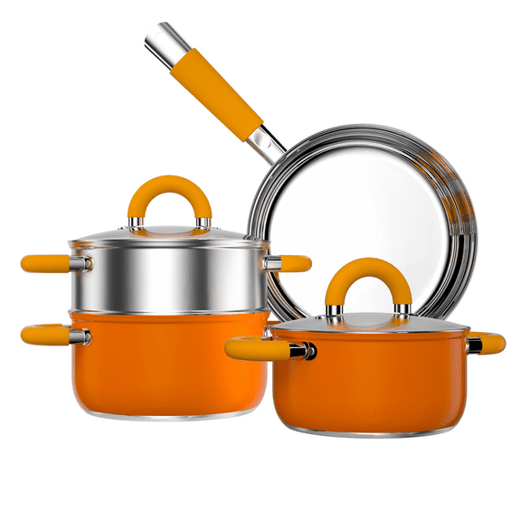 Stainless 18/8 Steel Pots and Pans Set 6 Piece, 4 3 QT Pot with Lid and Steaming, Fry Pan, Compatible with All Stovetops