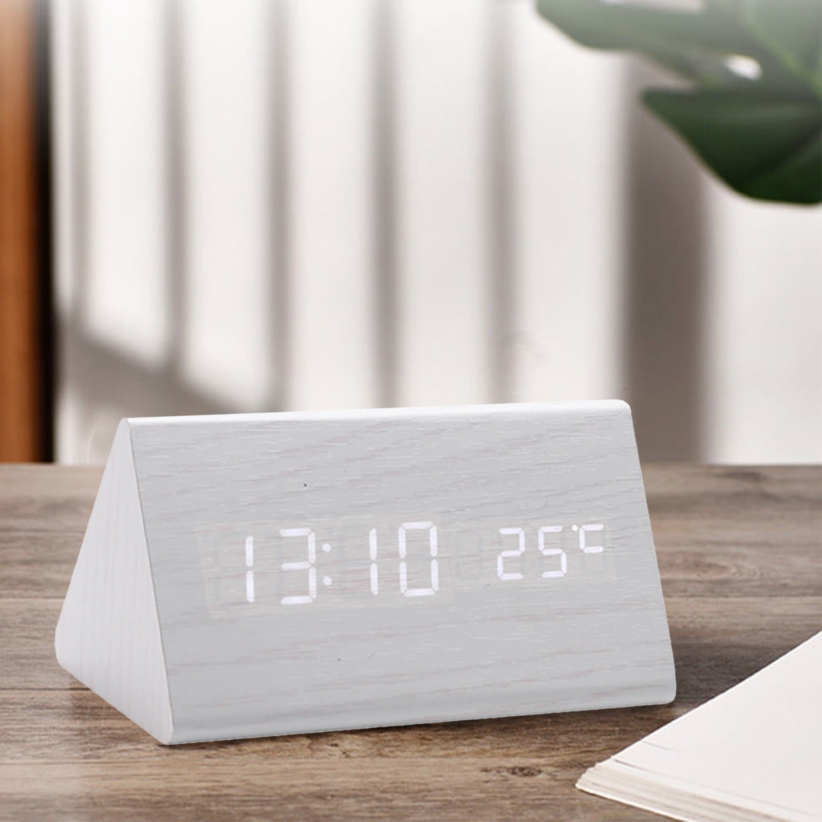 VQPeo Modern Wooden LED Alarm Clock – Digital Wall or Desk Clock with Day, Date & Temperature Display, USB & Battery Powered, Adjustable Brightness, 3-Alarm Timer
