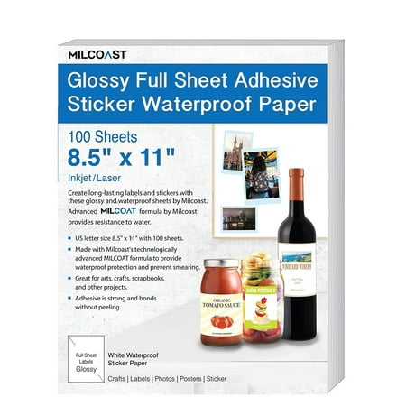 milcoast glossy full sheet 8.5 x 11 adhesive waterproof photo craft paper  works with inkjet / laser printers  for stickers, labels, scrapbooks, bottle labels, arts and crafts (100