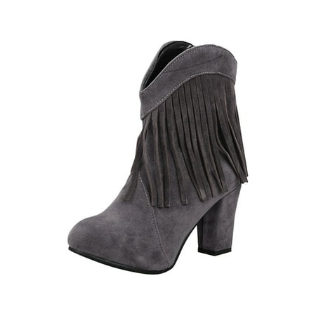 

KBKYBUYZ Women Retro Shoes Casual Stylish Solid Color Fringed Suede High Heel Ankle Boots