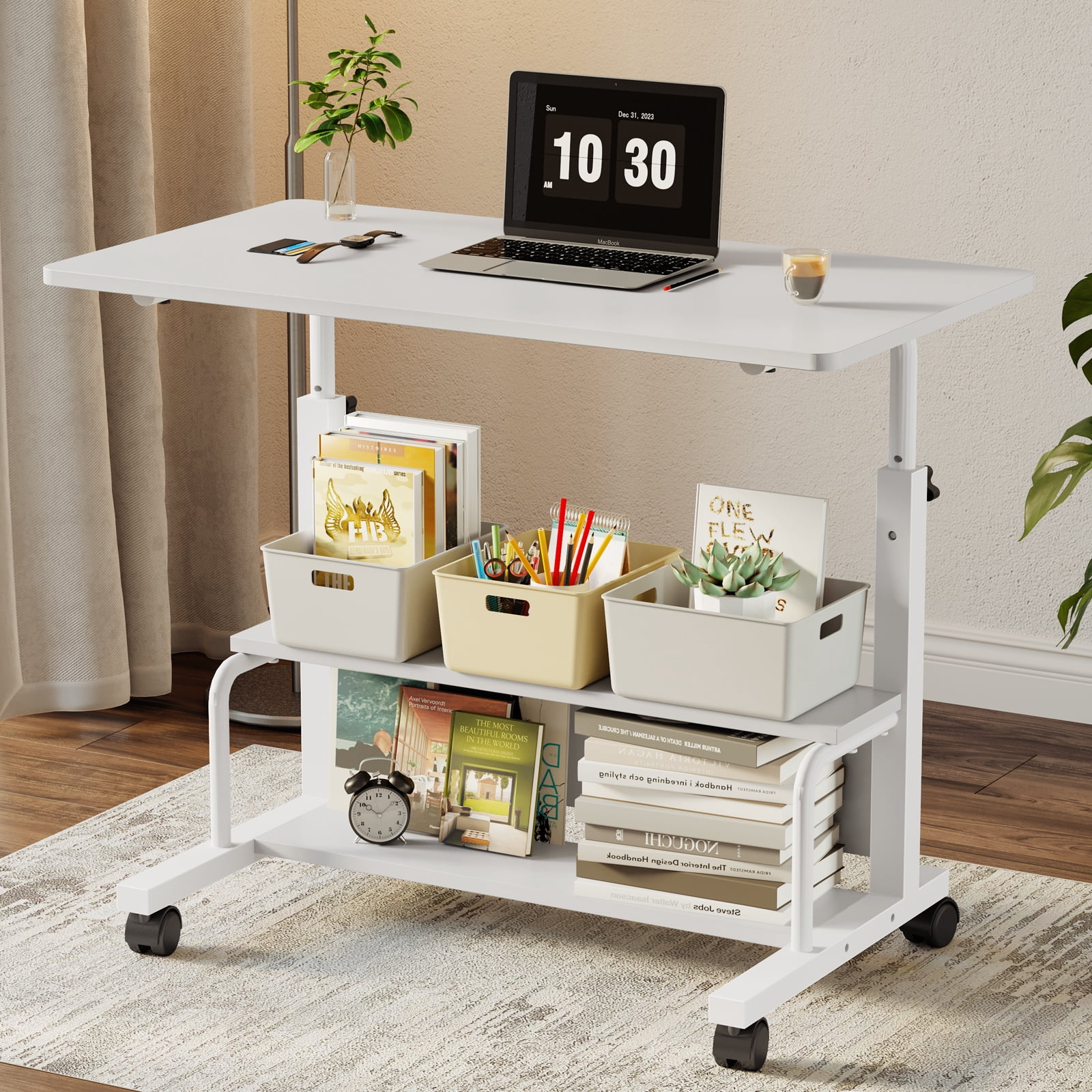 edx Height Adjustable Desk Standing Desk Small Desk for Small Spaces, Mobile Rolling Computer Desk on Wheels, Portable Desks Study Table for Home Office,White