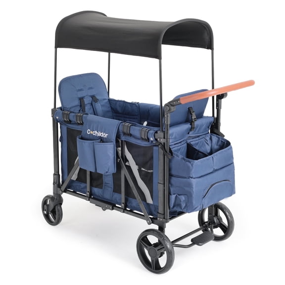 Cochildor Collapsible Wagon Stroller for 2 Kids, with Canopy, 5-Point Harness, Adjustable Handlebars, Removable Seat for Toddlers, Blue