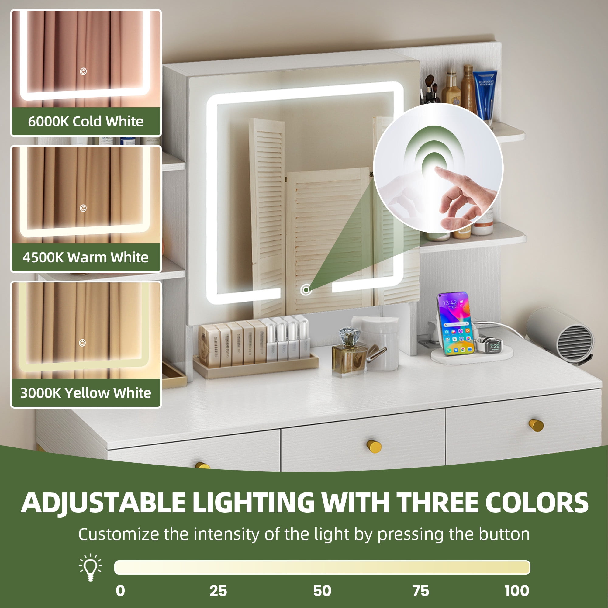 Uforic 39-Inch White Vanity Desk with Dimmable LED Mirror, Padded Stool, and Storage for Modern Bedrooms