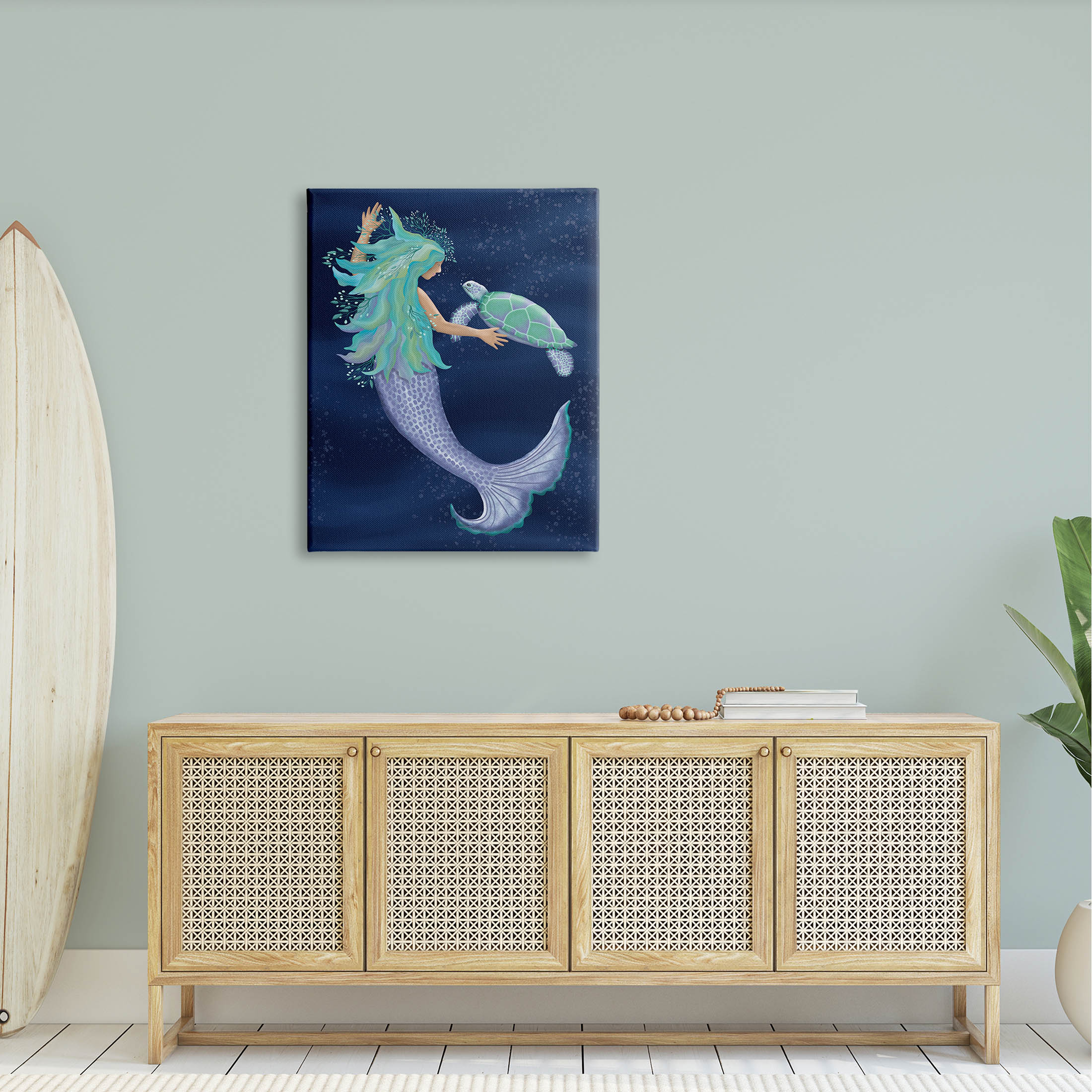 Nautical Mermaid Swimming Tortoise Fairy Tales & Fantasy Graphic Art Gallery Wrapped Canvas Print Wall Art