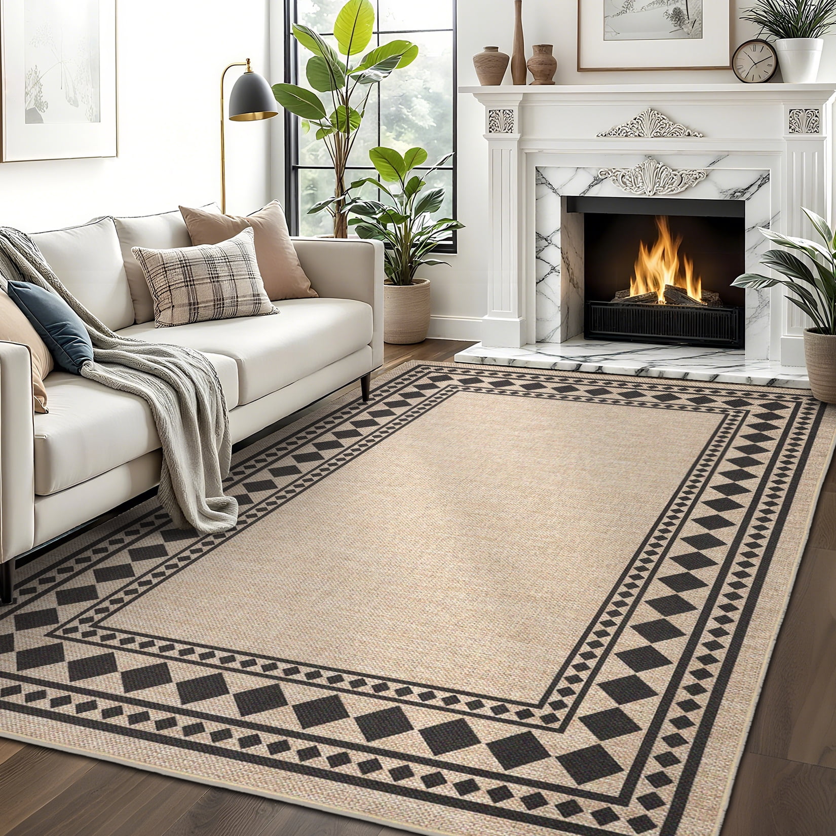 Garvee 9'x12' Modern Bordered Rug Solid Area Rug, Geometric Washable Rugs Stain Resistant Low Pile Rug Non Slip Indoor Outdoor Carpet for Living Room Bedroom Home Office, Jute