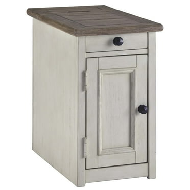 Benjara Chair Side End Table with 1 Cabinet and Pull Out Tray, White and Brown