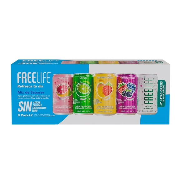 Agua gasificada Freelife mini lata multisabor 8 piezas + 2 latas gratis