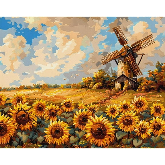 Field of Sunflowers Windmill DIY 11CT Stamped Cross Stitch Kits for Beginners Easy Needlepoint Embroidery Counted Cross Stitch Art Craft for Wall Decoration 12x16inch(4)