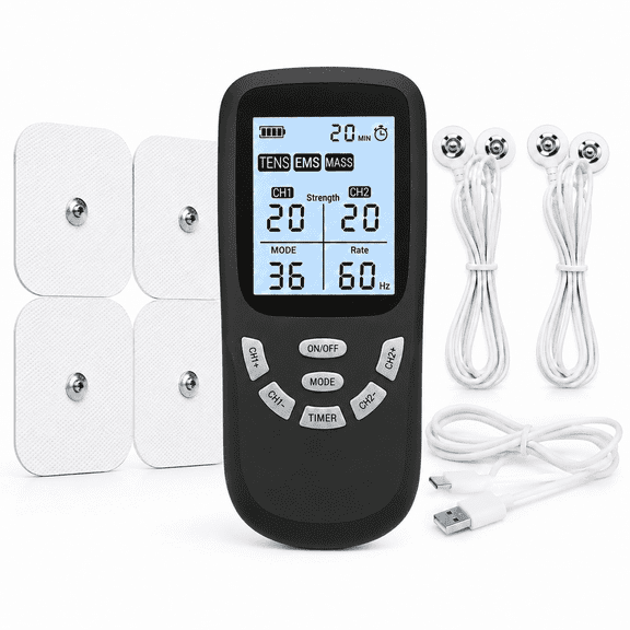 3-in-1 TENS Unit Muscle Stimulator, EMS Massage Machine with 20 Intensities for Gradual Shoulder, Sciatica, Back Pain Relief, 36 Modes Rechargeable Electronic Pulse Massager with 4 TENS Pads