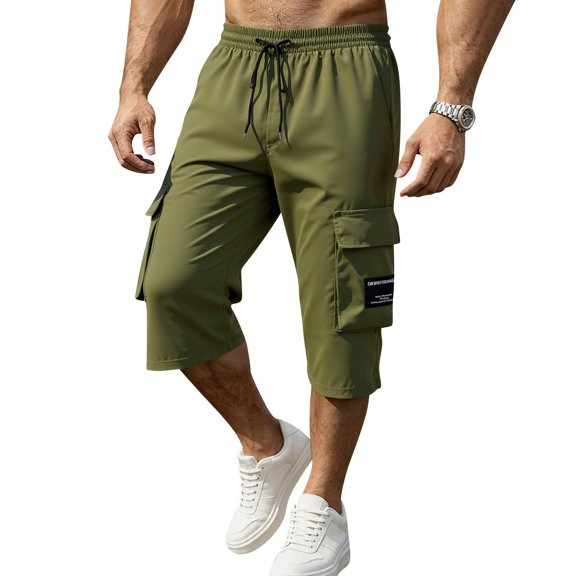 BRANROY Men's Cargo Below Knee Pants - Casual Drawstring Elastic Waist Capri Pants with Multiple Pockets Relaxed Fit Work Short,Army Green L