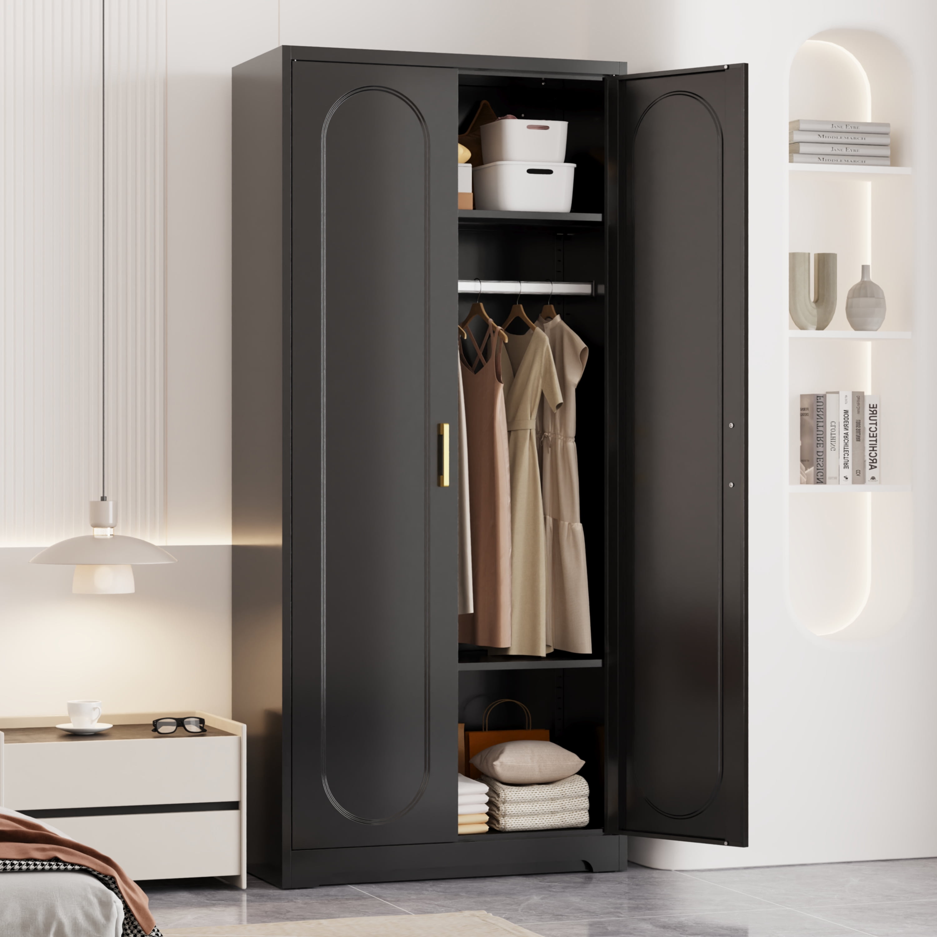 Polup 71" H Modern Steel Sturdy Armoire Cabinet with Shelves and Hanging Rod, Adult Bedroom Wardrobe Closet with Doors