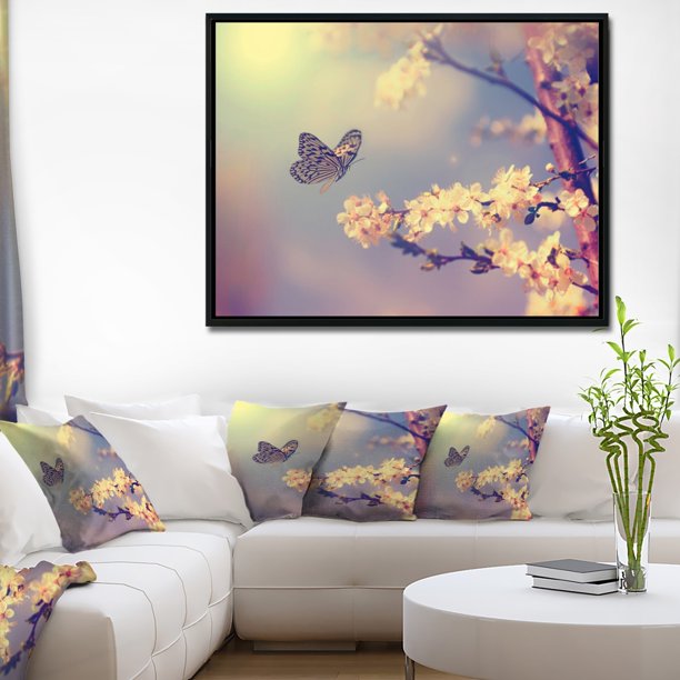 Vintage Butterfly with Flowers' Large Floral Framed Canvas Art Print