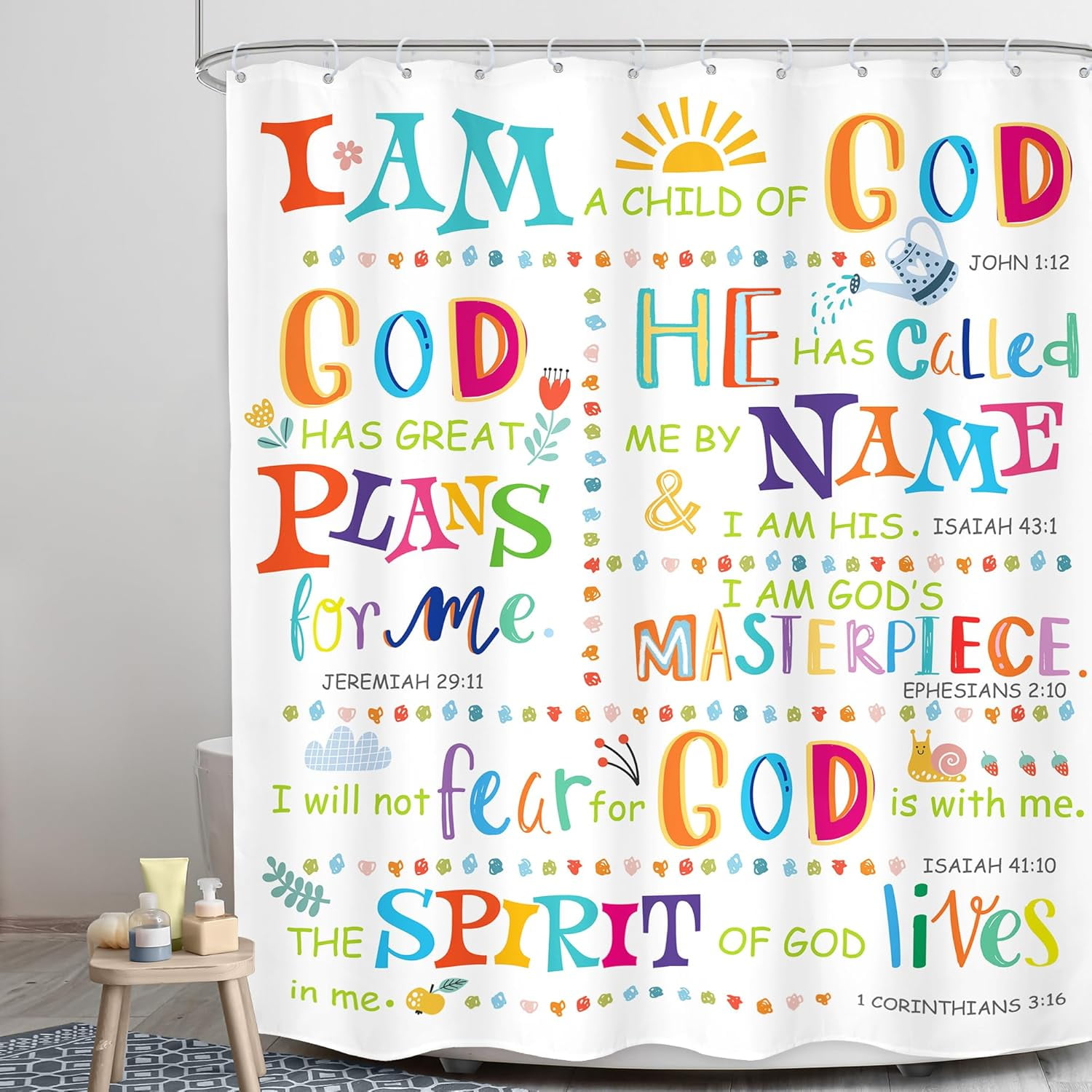 Kids Inspirational Quotes Shower Curtain Bathroom Set 72Wx72H Inches Funny Cartoon Cute Colorful Motivational Words Rainbow Dots Bath Accessories Classroom Art Home Decor Fabric 12 Pack Hooks