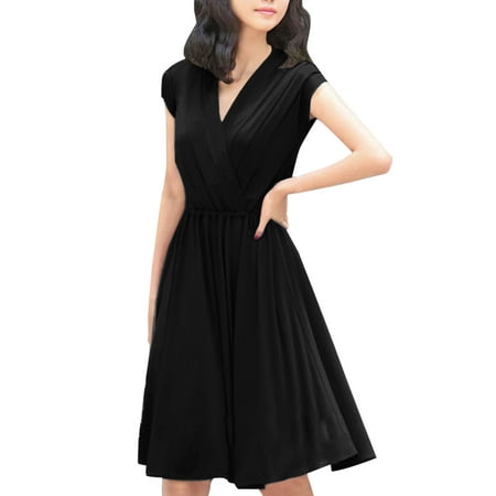 Women's Cinched Waist Cross V Neck Dress Black (Size L / (Best Little Black Dress 2019)