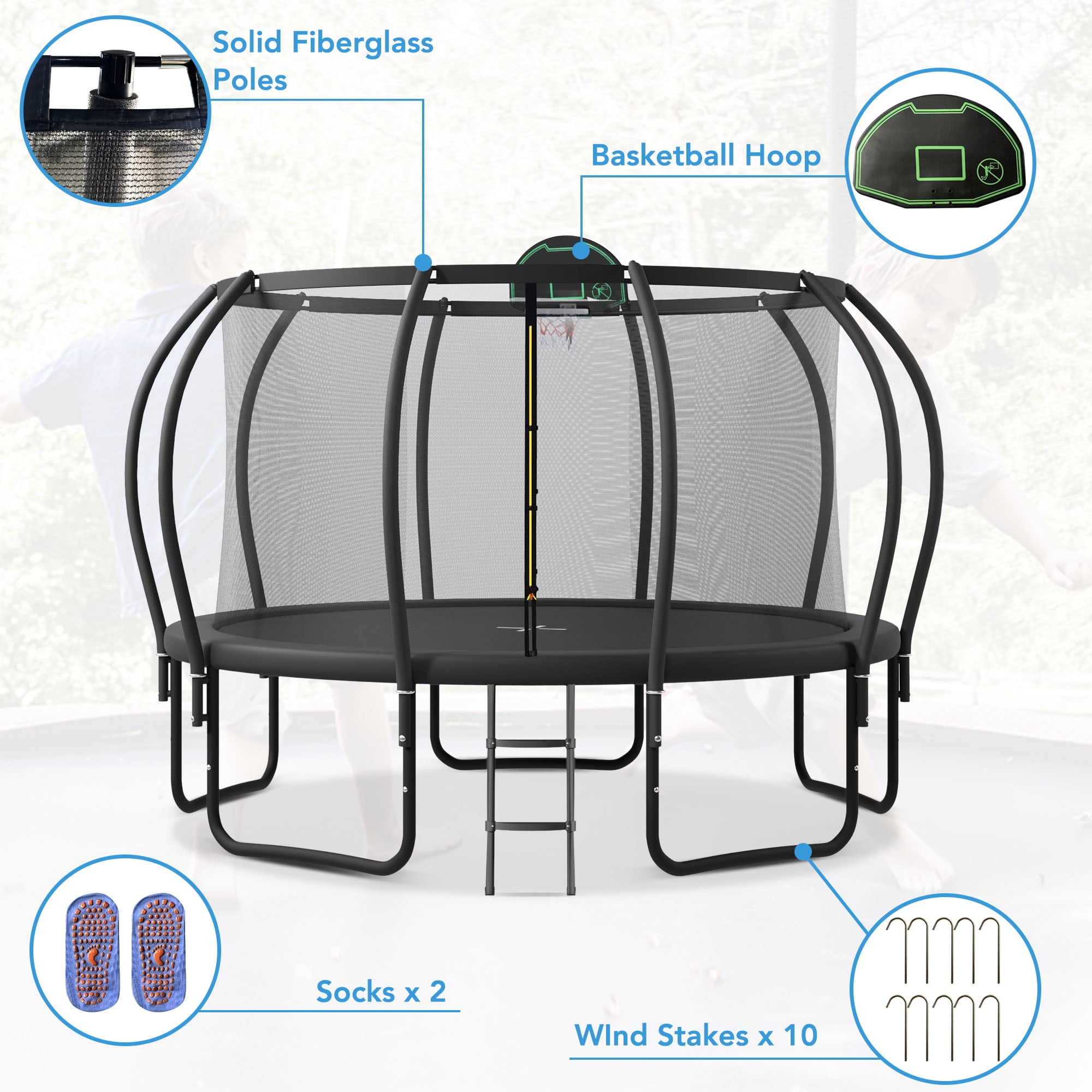 EUROCO Trampoline 12FT 14FT 15FT 16FT Trampoline for Adults and Kids, 1500lbs Outdoor Round Trampoline with Enclosure Net with Basketball Hoop and Ladder